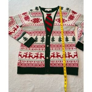 Jolly Sweaters Mens M Ugly Christmas Sweater Cardigan  Tie Print Green Red White